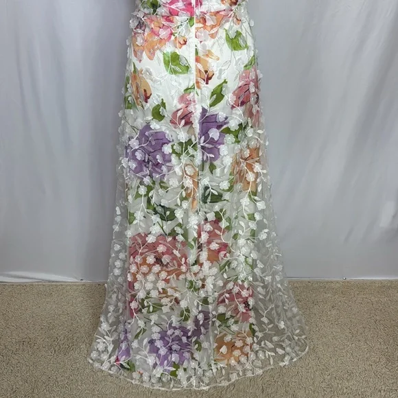 Xscape 3D-Appliqué Floral-Print Gown Size 4 White‎ Pink Formal Evening Dress Maxi